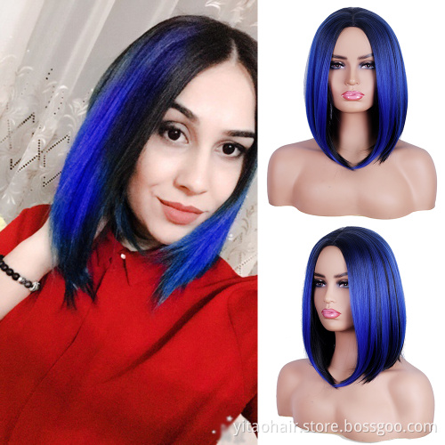 Wholesale Cheap Anime Party Ombre Black to Blue Bob Short Straight Synthetic Cosplay Wig